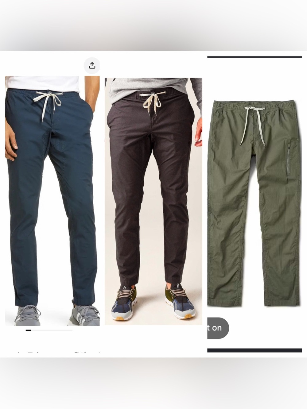 3 pairs Vuori Ripstop Climber Pants Purplish Brown, Green, Navy Large
